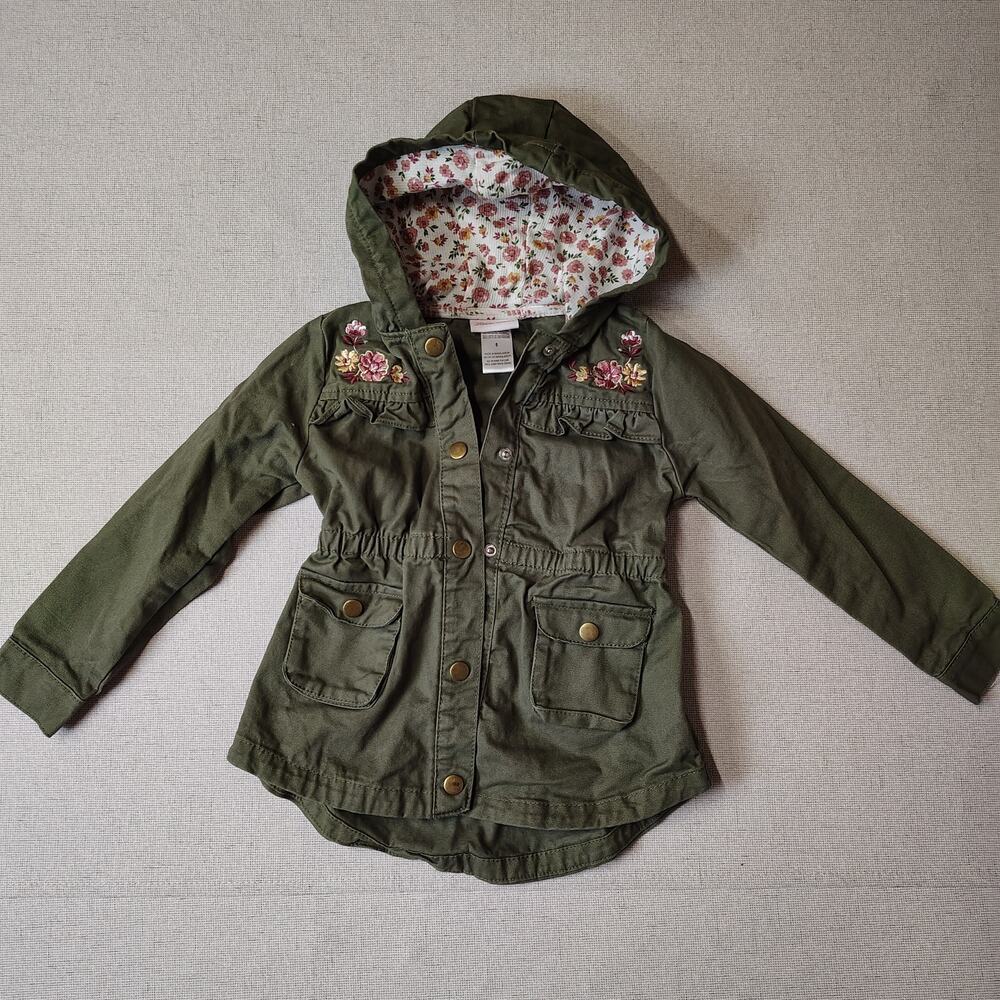 Little Lass Girls 5 Olive Floral Embroidered Utility Jacket Cottagecore Boho